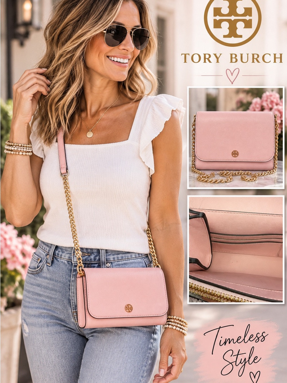 Tory Burch Blush Pink Leather Crossbody with Gold Chain